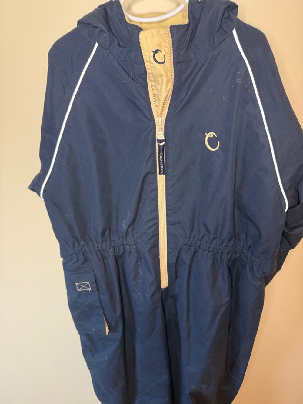 Navy and Tan Hooded Windbreaker with Contrast Trim